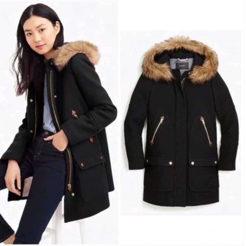 J. Crew Black Pea Coat with Faux Fur Hood